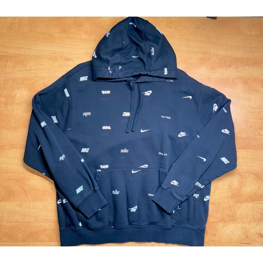 Nike Sportswear All Over Print Logo Hoodie Black White Swoosh Mens XL